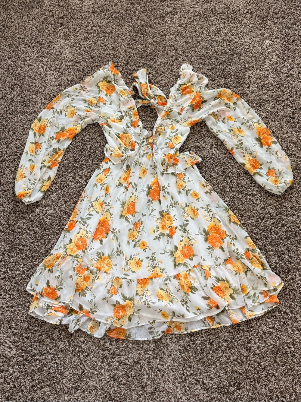 Floral Ruffle Open Back Dress in White and Orange